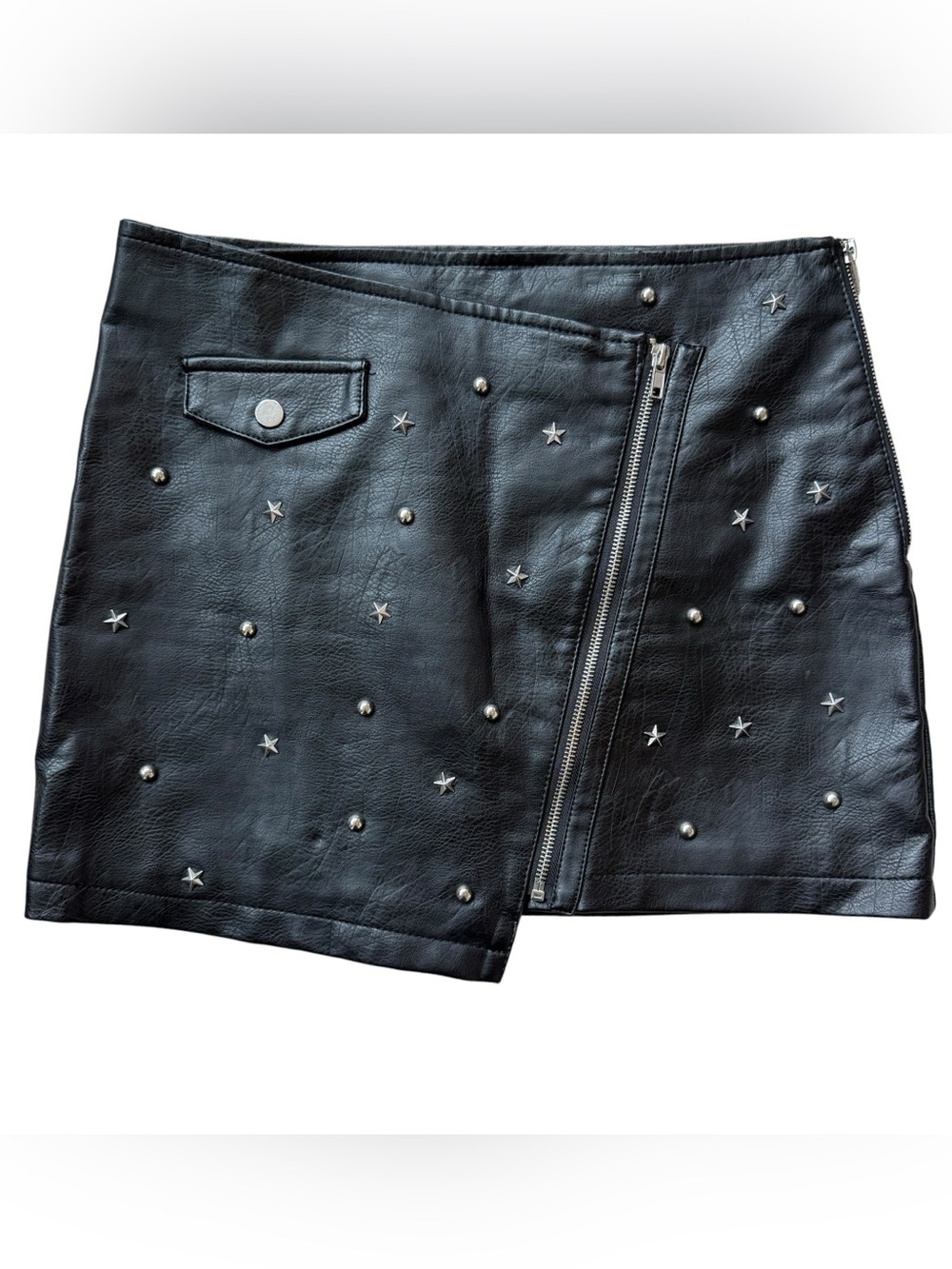 Forever 21 Star Stud Faux Leather Moto Mini Skirt Black Punk Grunge Y2K L Biker